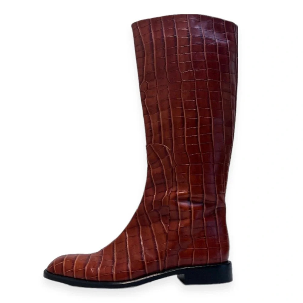 RARE Brock Collection Croc-Effect Cognac Leather Western Designer Riding Boots